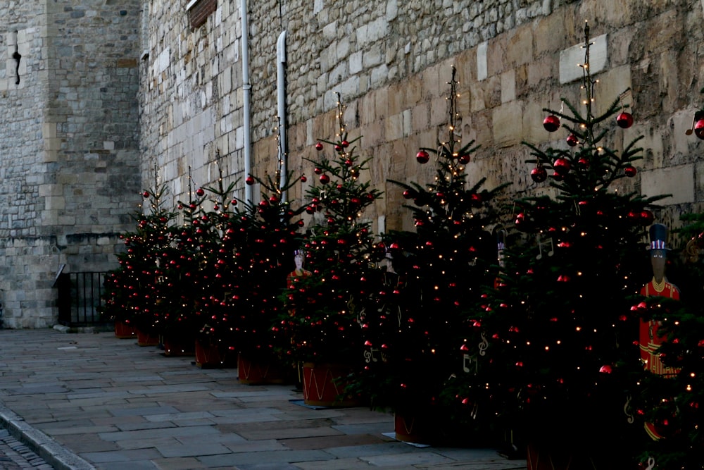 a row of christmas trees in front of a stone building