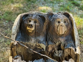 Two bears are intricately carved into a wooden log, displaying distinct facial features and expressions. The wood shows signs of weathering, giving the artwork a rustic and natural appearance. The background features a blurred, verdant forest floor that highlights the craftsmanship of the carving.