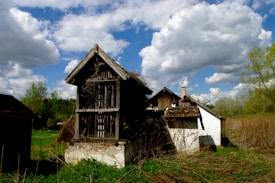 An old, rustic building with weathered wood and a sloped roof sits in an overgrown field. The structure appears abandoned, with vines and plants starting to overtake it. In the background, a clear blue sky with scattered fluffy white clouds provides a contrasting backdrop. Trees and tall grasses surround the building, enhancing its isolated and rural appearance.