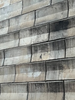 A close-up view of a textured wall made of large, rectangular stone tiles arranged in a staggered pattern. The tiles exhibit various shades of green and beige, with signs of wear and staining visible on their surfaces.