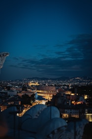 A nighttime cityscape of Rome featuring the illuminated Colosseum in the center, with city lights twinkling in the background. A large bird perched in the foreground adds depth, while the silhouette of distant hills frames the horizon under a dark blue sky.