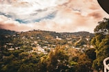 A scenic view of a lush, green hilly landscape dotted with numerous houses. The sky is partly cloudy with warm tones suggesting either sunrise or sunset. The dense foliage covers the hillside, creating a picturesque and serene environment.