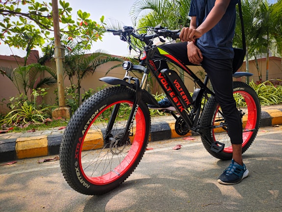 A person stands next to a black and red bicycle with thick tires, positioned on a street lined with greenery. The bicycle has prominent branding on its frame and wheels. The surroundings include small plants and trees, and the ground shows a paved surface with a yellow and black painted curb.