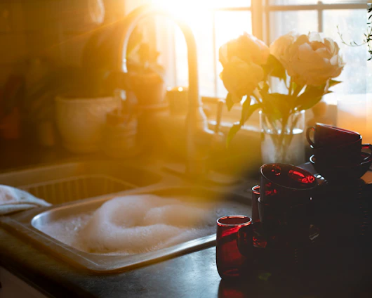 A bright, inviting kitchen scene with True Tides detergent and soap products neatly arranged by a sunny window.