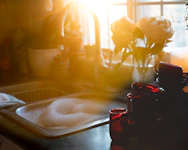 a vase of flowers sitting on a kitchen counter