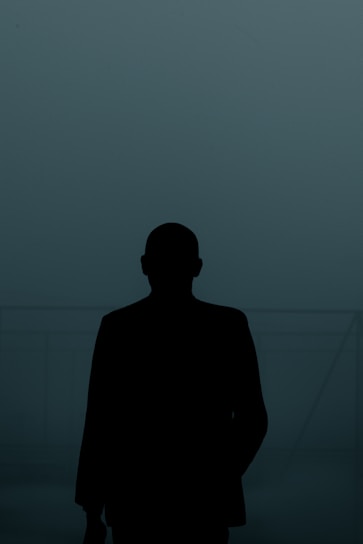 A shadowy figure standing against a misty forest backdrop, evoking mystery and depth.