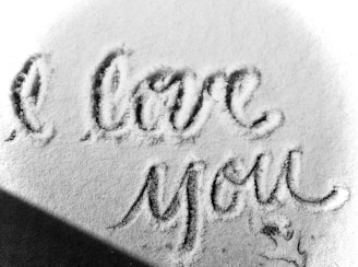 Words are written in the snow with a clear, cursive style, forming the phrase 'I love you'. The snow reveals darker ground underneath the letters, and a shadow crosses the lower left corner.