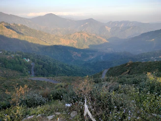A panoramic shot of the Tramuntana mountains with hiking trails and lush greenery.