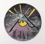 An artistic representation featuring a circular design on a black disc, resembling a vinyl record. The center displays a large yellow eye with an abstract triangular shape, reminiscent of a pyramid. Surrounding the eye, there are cloud-like patterns and yellow beams extending outward, adding a sense of mystery. The background consists of a splattered mix of black, white, and light blue hues, creating a cosmic effect.