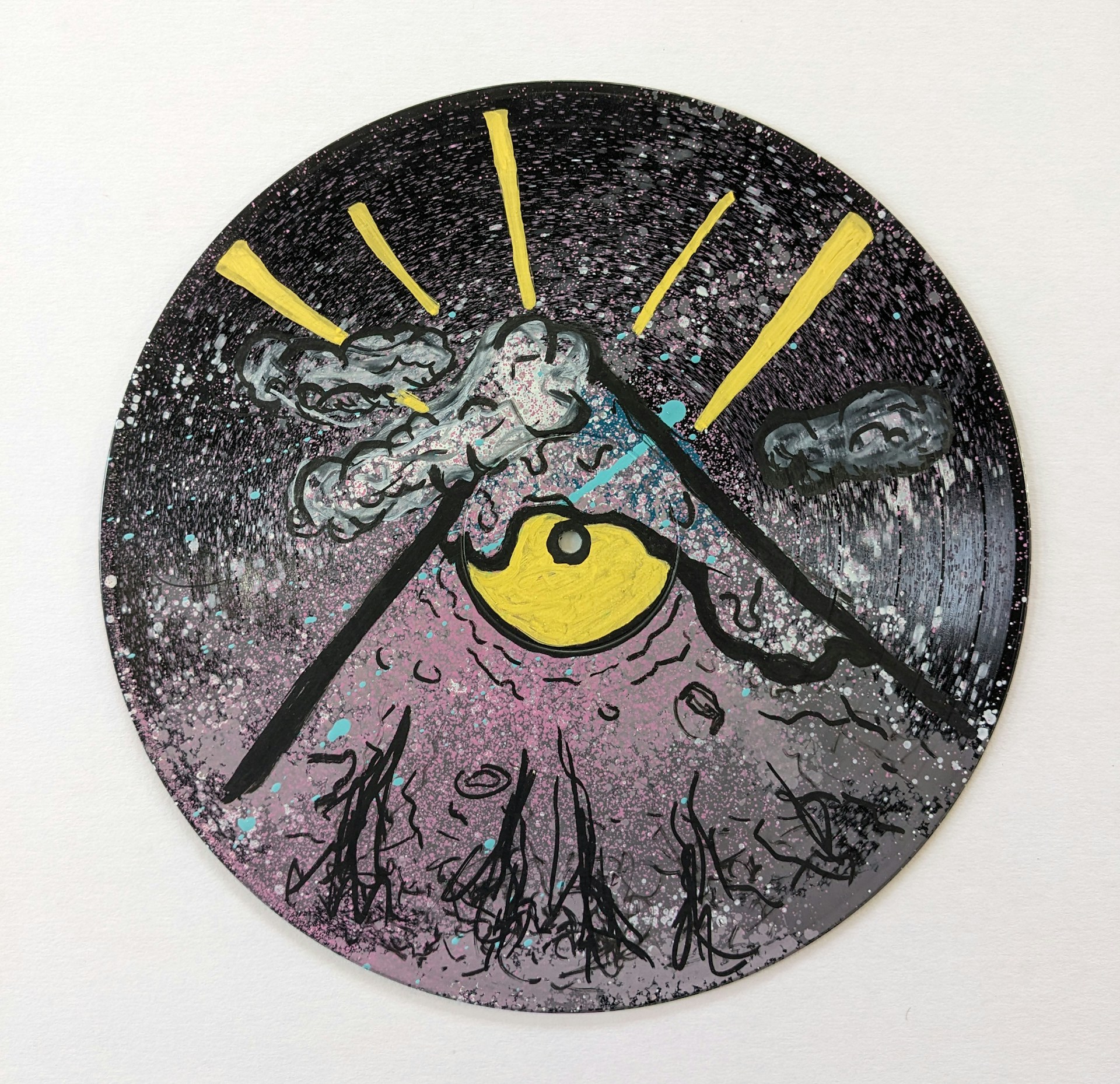 An artistic rendering of the all-seeing eye embedded within a radiant compass and square symbol, bathed in subtle purple and black hues.