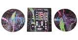 A colorful, abstract depiction of musical elements on vinyl records and a DJ mixer. The records and mixer are covered with splashes of bright neon colors including green, pink, and blue against a dark background.
