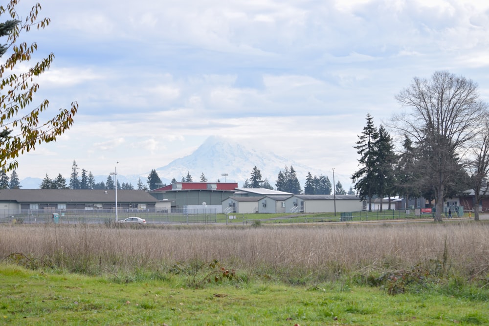 a field with a building and a mountain in the background