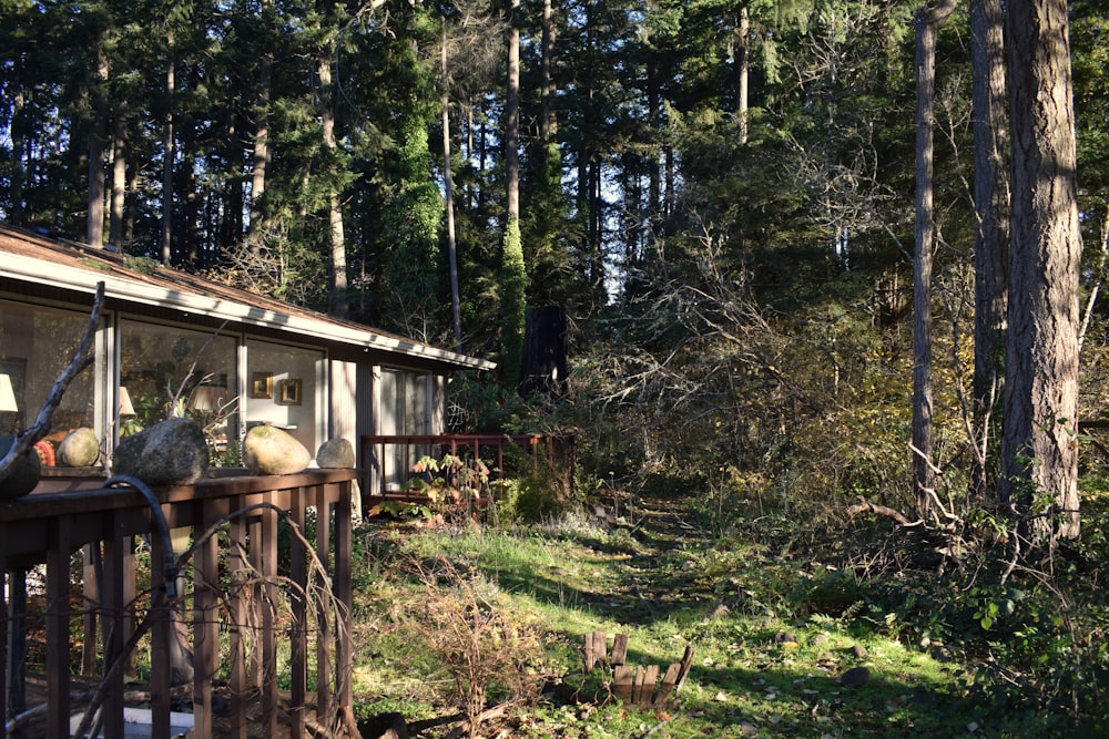 a train car sitting in the middle of a forest