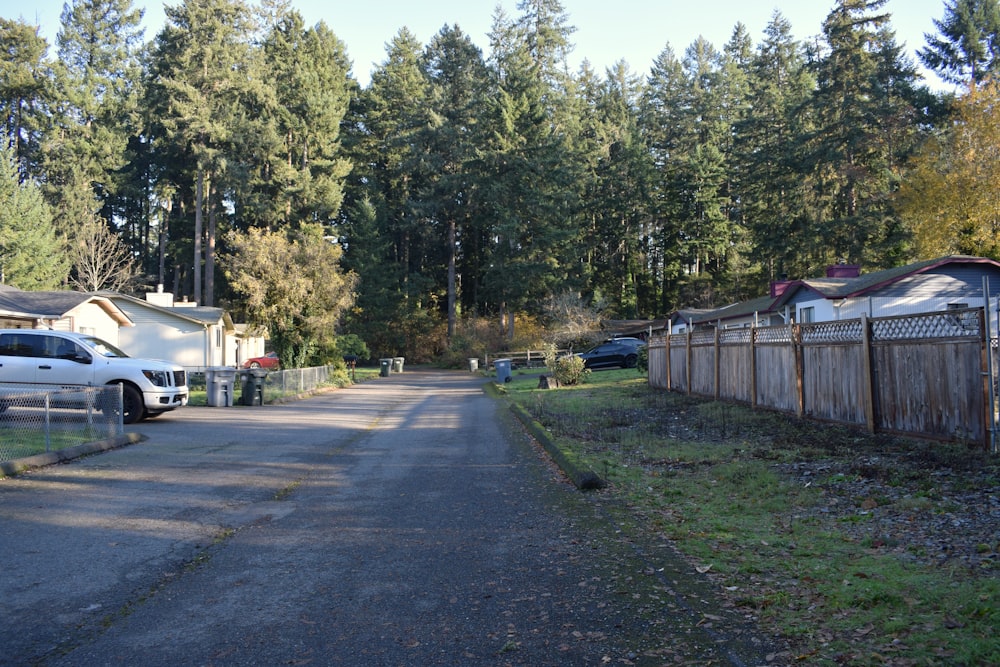 a car parked on the side of a road next to a forest