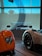 Several luxury sports cars are on display indoors, featuring vibrant colors and sleek designs. One car is prominently orange with distinct headlights, while another is white with black and red accents. A scale model of a car is showcased in a glass case at the center.
