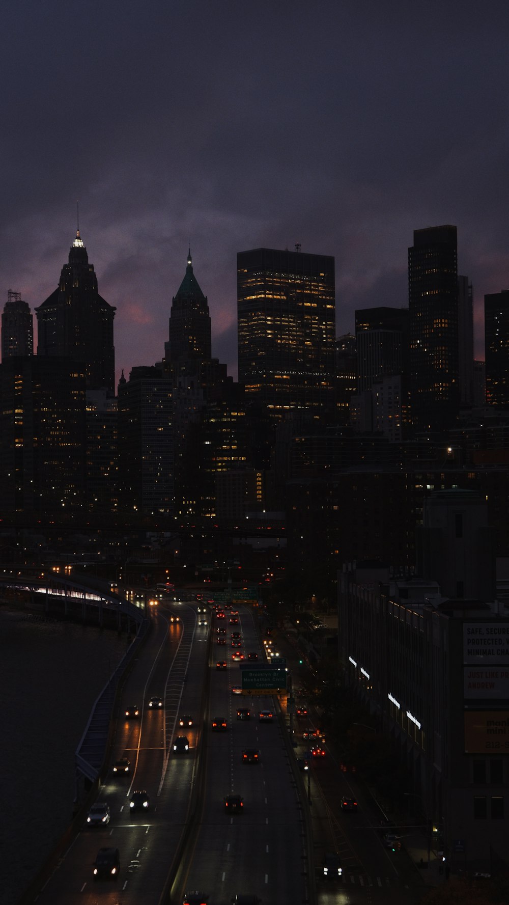 a view of a city skyline at night