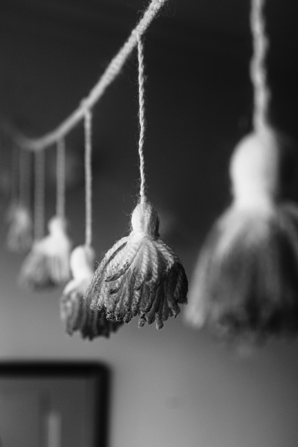 uma foto em preto e branco de algumas borlas penduradas em uma corda