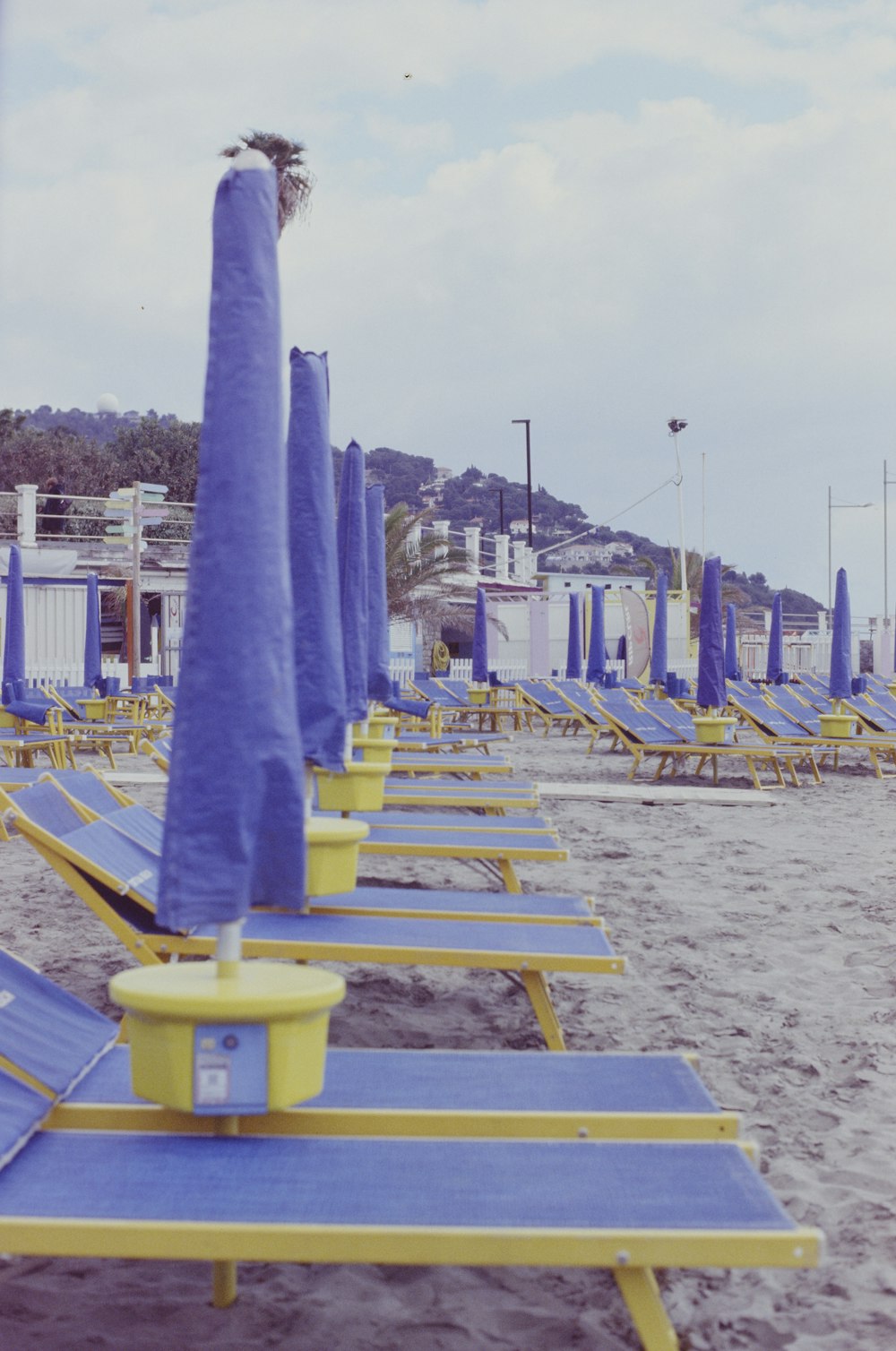 a row of blue and yellow beach chairs and umbrellas