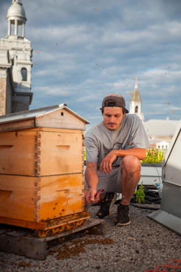 A person in casual clothing and a cap is tending to a beehive on a rooftop setting. Bees are visible flying around the hive, which is made of wood. In the background, there are architectural structures with towers under a cloudy sky.