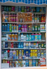 a display case filled with lots of different types of cleaning products