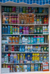 a display case filled with lots of different types of cleaning products