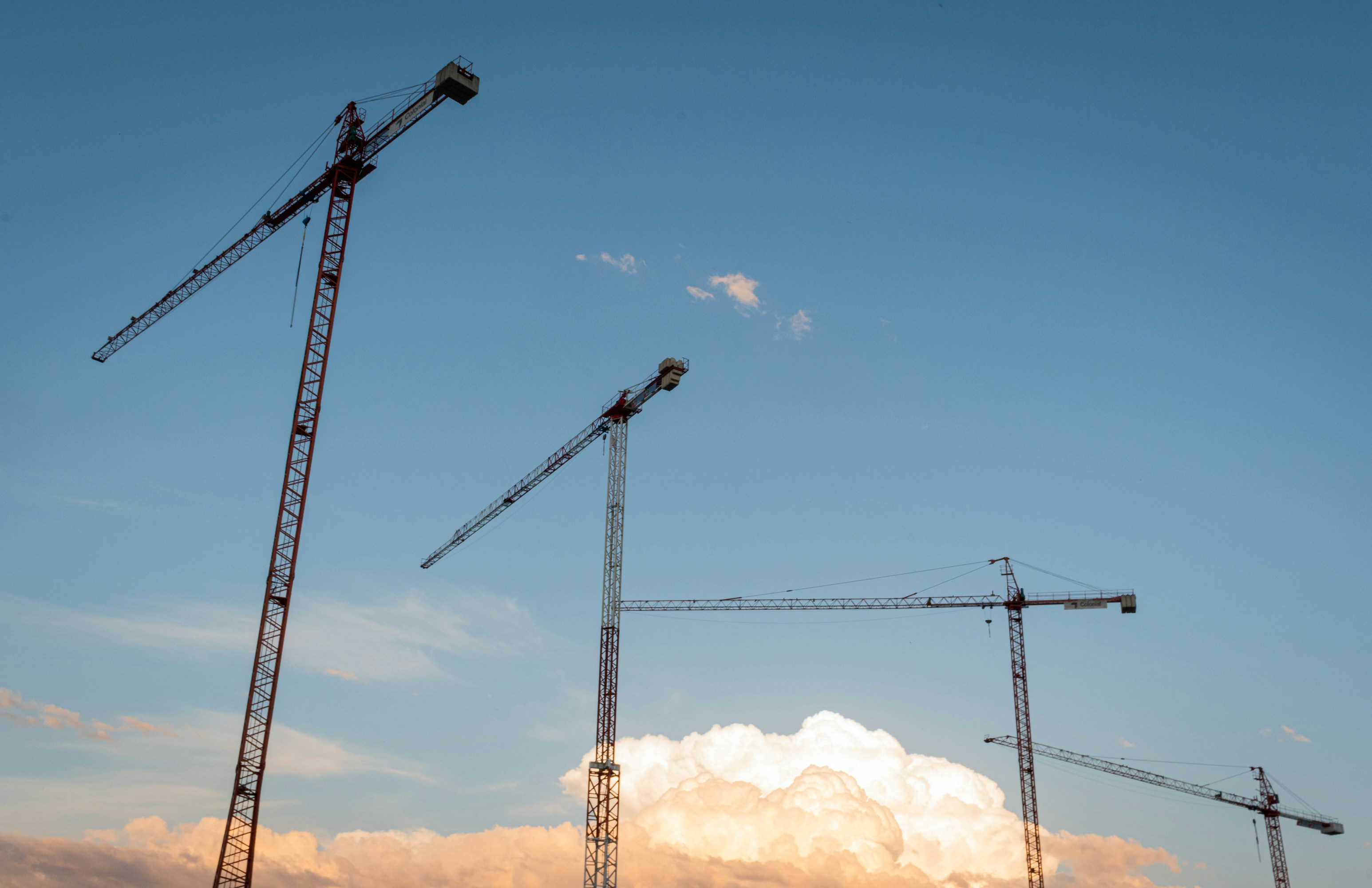 A group of cranes standing next to each other photo Free Construction