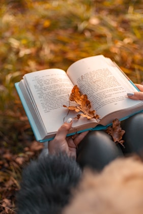 a person is reading a book in the grass