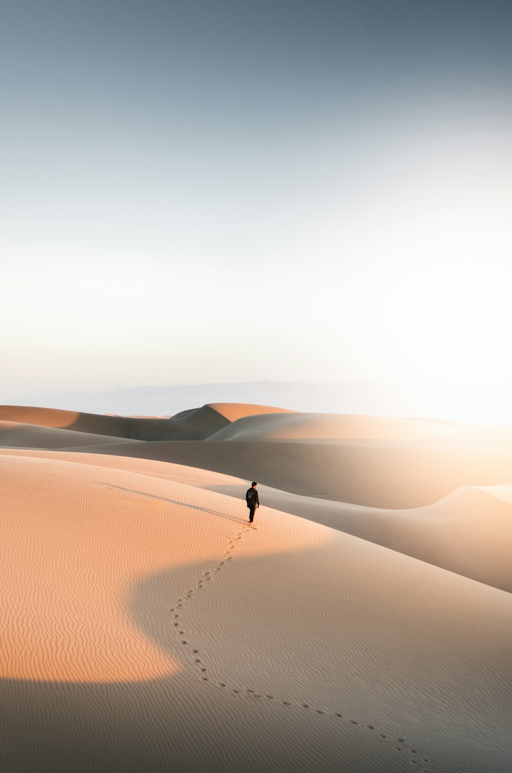 a lone person walking across a sandy desert