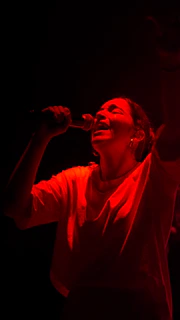Black Halo Revival lead singer gripping the mic passionately under moody red stage lights
