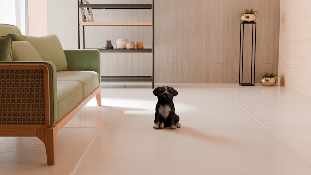 A small black and white puppy sits on a sleek, light-colored tile floor in a modern living room. The space has a stylish, minimalistic design with a green sofa featuring wooden armrest details on the left. Shelving in the background holds decorative items like vases and books. There are plant pots on a tall stand and next to the shelving unit, adding a touch of greenery.