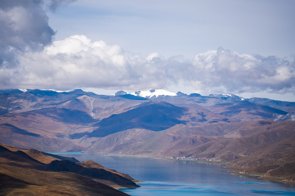 a lake surrounded by mountains under a cloudy sky