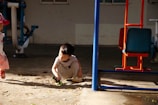 A young child wearing a miniature hardhat and denim overalls, playing with a toy dump truck in a backyard.