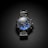 A metallic wristwatch with a dark face featuring large numerals and three small dials for additional functions. The watch has a sturdy metal bracelet, and the face has a blue tint.