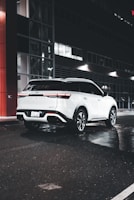Shiny white SUV ready for adventure, captured on a sunlit city street