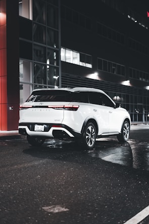Shiny white SUV ready for adventure, captured on a sunlit city street