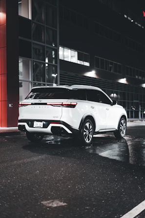 A sleek Ford Explorer parked on a city street at sunset.