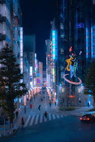 A neon-lit street scene at night with cars and music notes floating in the air.
