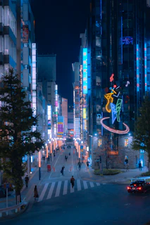 Nighttime cityscape of Philadelphia with neon signs and bustling streets reflecting the music scene energy.