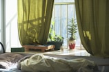 Sun-dappled bedroom corner with layered linens and a potted plant by the window.