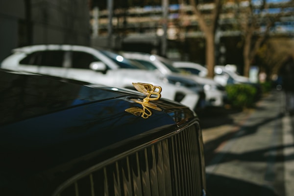 A shiny gold hood ornament in the shape of a flying winged 'B' is prominently displayed on a dark, glossy car hood. Behind the car, several white vehicles are parked in a row on a sunlit street, with a blurred background showing trees and urban structures.