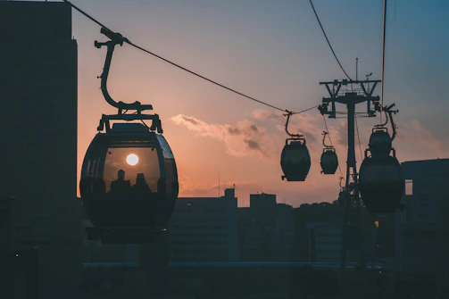 Sunset view over the iconic cable cars of La Paz city