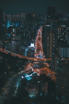 an aerial view of a city at night