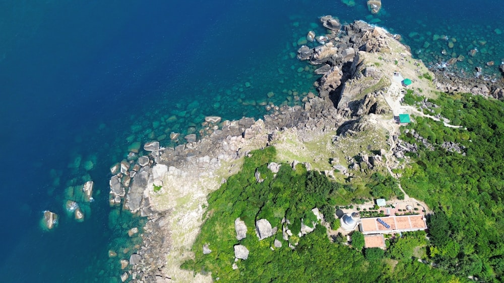 an aerial view of an island in the middle of the ocean