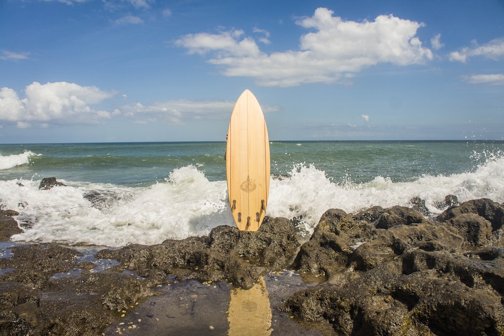 a surfboard sitting on top of a rock near the ocean