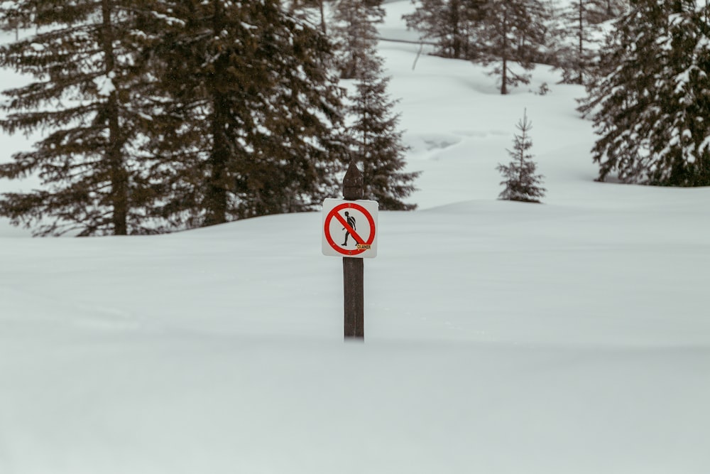 um sinal vermelho e branco sentado no topo de uma encosta coberta de neve