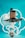 A modern-looking hookah with a sleek metal design and a decorative wing-shaped coal holder on top. It is set against a bright turquoise background with white neon lights forming abstract shapes. The hookah has a wooden coal holder with black charcoals on top.