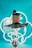 A modern-looking hookah with a sleek metal design and a decorative wing-shaped coal holder on top. It is set against a bright turquoise background with white neon lights forming abstract shapes. The hookah has a wooden coal holder with black charcoals on top.