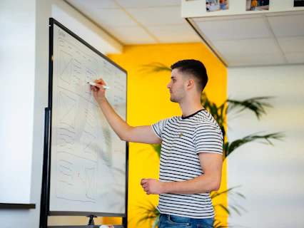 a man standing in front of a whiteboard writing on it