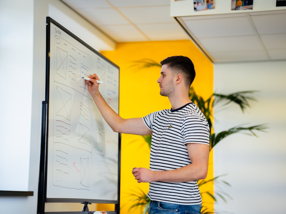 a man standing in front of a whiteboard writing on it