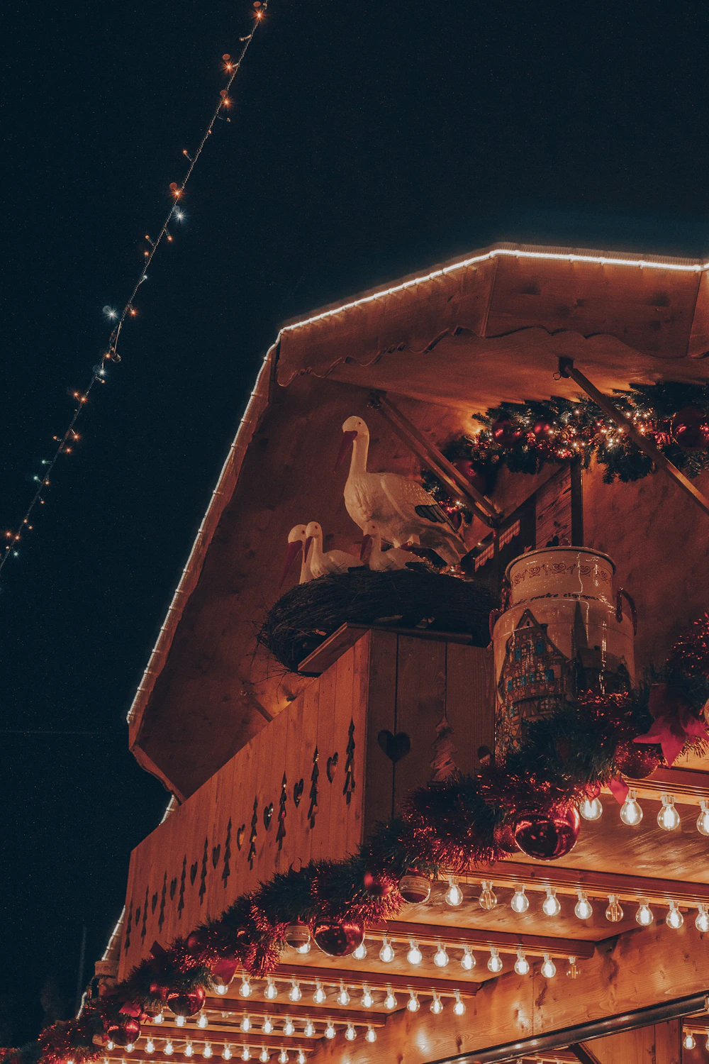 Festive ornaments and decorations at a Christmas market